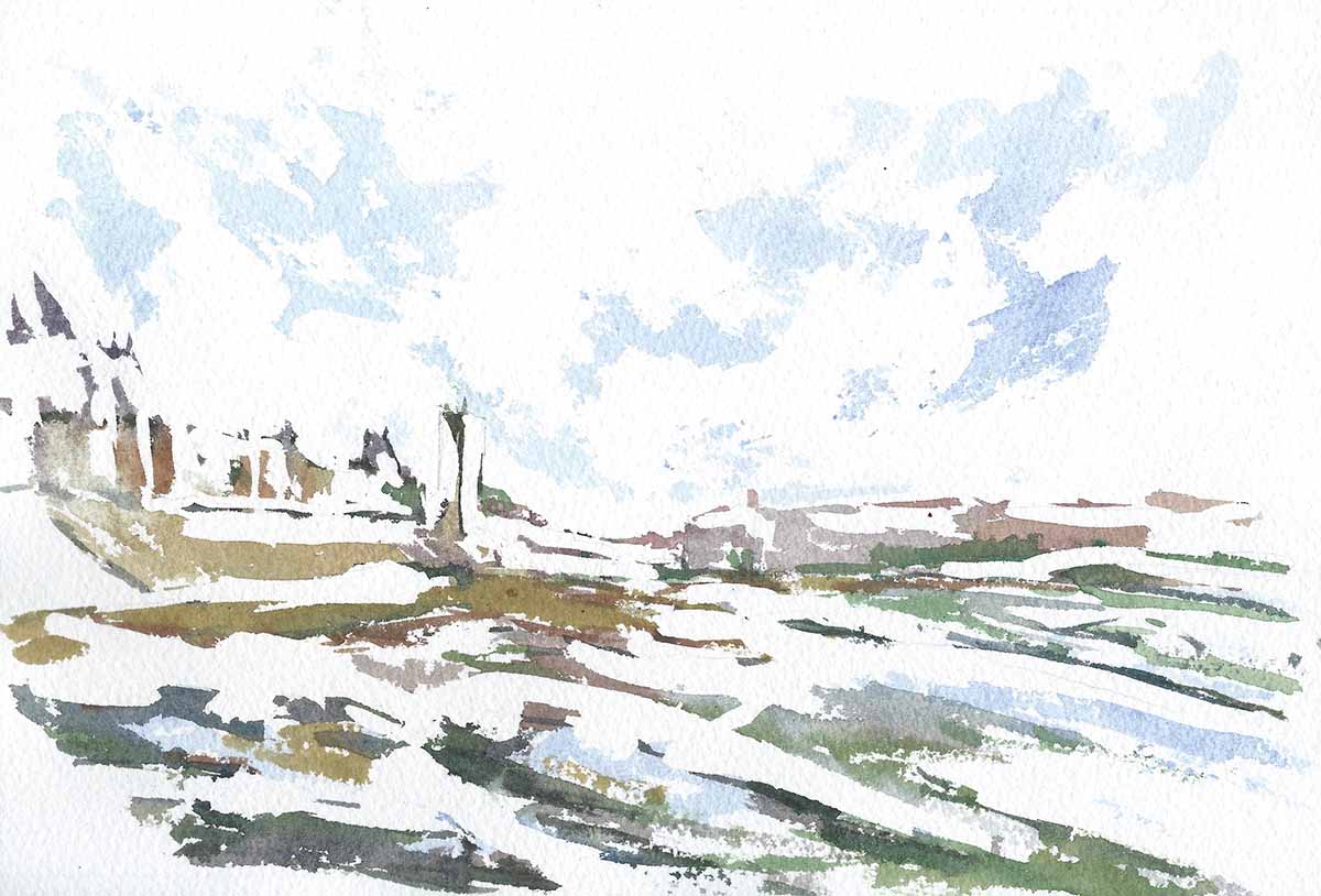 Baie des Sables vers les Présidents, ancien phare rouge - Aquarelle sur Papier de 18x26cm